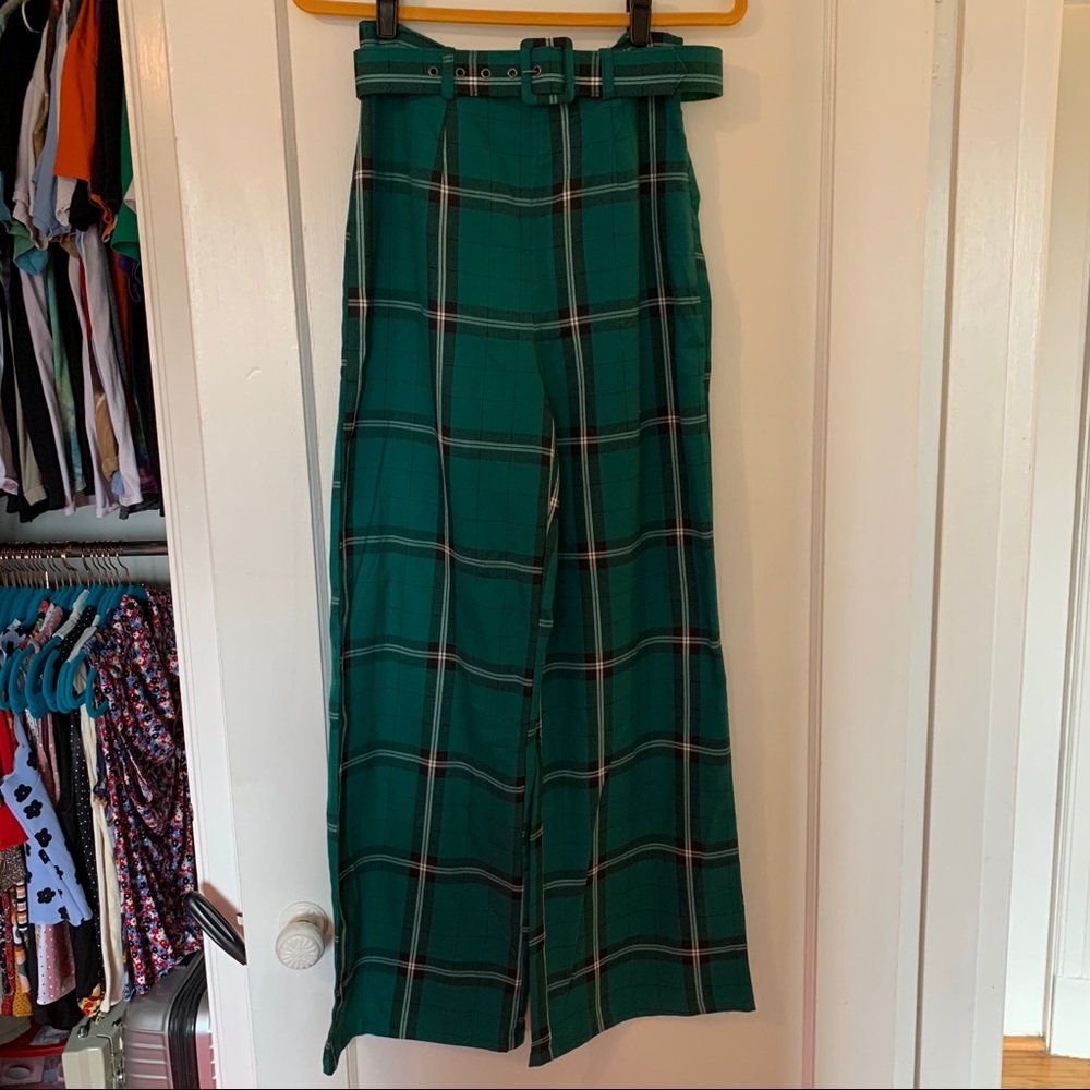 Green Plaid High Waisted Wide Leg Pants